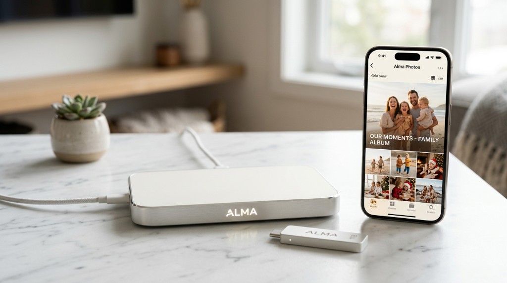 Alma Hub, USB-Zeitkapsel und App auf dem Handy
